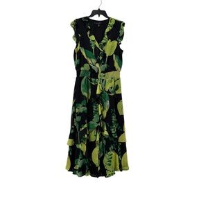 White House Black Market Green Leaf Print V Neck Midi Dress